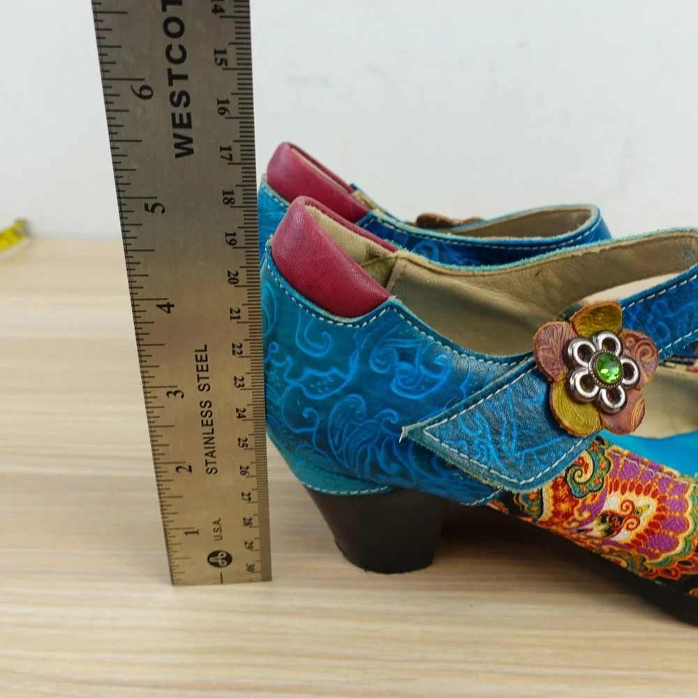 Paisley Mary Jane Pumps Womens 8 Blue Boho Festival Block Heel Artisan SOCOFY 39